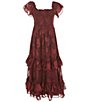Color:Burgundy - Image 2 - Big Girls 7-16 Flutter Sleeve Burnout Chiffon Long Dress