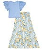 Color:Blue - Image 2 - Big Girls 7-16 Flutter-Sleeve Eyelet-Embroidered Tunic Top & Printed Palazzo Pant Set