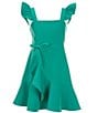 Color:Green - Image 1 - Big Girls 7-16 Flutter Sleeve Faux-Wrap Asymmetrical Hem Dress