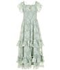Rare Editions Big Girls Flutter-Sleeve Floral-Burnout Chiffon Tiered Long Dress, Color:Sage - Image 1