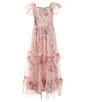 Color:Blush - Image 1 - Big Girls 7-16 Flutter-Sleeve Floral-Printed Tiered Long Dress