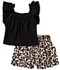 Color:Black - Image 1 - Big Girls 7-16 Flutter-Sleeve Solid Tunic Top & Cheetah-Printed Shorts Set