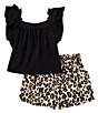 Color:Black - Image 2 - Big Girls 7-16 Flutter-Sleeve Solid Tunic Top & Cheetah-Printed Shorts Set