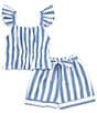Color:Blue - Image 1 - Big Girls 7-16 Flutter-Sleeve Vertical-Stripe Tunic Top & Matching Shorts Set