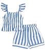 Color:Blue - Image 2 - Big Girls 7-16 Flutter-Sleeve Vertical-Stripe Tunic Top & Matching Shorts Set