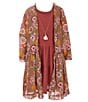 Color:Red/Floral - Image 1 - Big Girls 7-16 Long-Sleeve Floral-Printed Dobby Kimono, Waffle Knit Fit-And-Flare Dress & Necklace Set