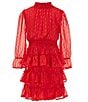 Color:Red - Image 1 - Big Girls 7-16 Long Sleeve Foiled Chiffon Tiered Fit-And-Flare Dress