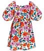 Color:Orange - Image 1 - Big Girls 7-16 Puffed-Sleeve Floral Print Fit-And-Flare Dress
