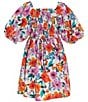 Color:Orange - Image 2 - Big Girls 7-16 Puffed-Sleeve Floral Print Fit-And-Flare Dress