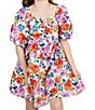 Color:Orange - Image 5 - Big Girls 7-16 Puffed-Sleeve Floral Print Fit-And-Flare Dress