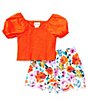 Color:Orange - Image 1 - Big Girls 7-16 Puffed Sleeve Solid Smocked Top & Floral Printed Shorts Set