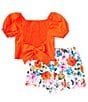 Color:Orange - Image 2 - Big Girls 7-16 Puffed Sleeve Solid Smocked Top & Floral Printed Shorts Set