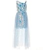 Color:Light Blue - Image 1 - Big Girls 7-16 Sleeveless Asymmetrical-Neckline Patterned Walk-Thru Ballgown