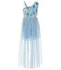 Color:Light Blue - Image 2 - Big Girls 7-16 Sleeveless Asymmetrical-Neckline Patterned Walk-Thru Ballgown