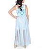 Color:Light Blue - Image 4 - Big Girls 7-16 Sleeveless Asymmetrical-Neckline Patterned Walk-Thru Ballgown