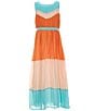 Color:Orange - Image 1 - Big Girls 7-16 Sleeveless Color Blocked Pleated Long Chiffon Dress
