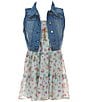 Color:Aqua - Image 1 - Big Girls 7-16 Sleeveless Denim Vest & Sleeveless Floral-Printed Woven Dress Set