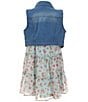 Color:Aqua - Image 2 - Big Girls 7-16 Sleeveless Denim Vest & Sleeveless Floral-Printed Woven Dress Set