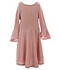 Color:Blush - Image 2 - Big Girls 7-16 Sleeveless Faux-Fur Vest & Bell-Sleeve Brushed-Rib-Knit Fit-And-Flare Dress 2-Piece Set