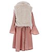 Color:Blush - Image 3 - Big Girls 7-16 Sleeveless Faux-Fur Vest & Bell-Sleeve Brushed-Rib-Knit Fit-And-Flare Dress 2-Piece Set
