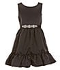 Color:Black - Image 1 - Big Girls 7-16 Sleeveless Faux-Pear-Trimmed Waist Satin Fit-And-Flare Dress