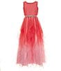 Color:Coral - Image 1 - Big Girls 7-16 Sleeveless Glitter-Accented Mesh Bodice/Two-Tone Cascading Ruffled Skirted Ballgown