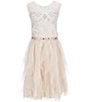 Color:Taupe - Image 1 - Big Girls 7-16 Sleeveless Lace Bodice Beaded Waist Belt Mesh Cascade Dress