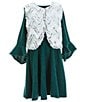 Color:Hunter - Image 1 - Big Girls 7-16 Sleeveless Printed Faux Fur Vest & Bell Sleeve Brushed Knit Shift Dress Set
