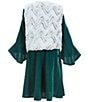 Color:Hunter - Image 2 - Big Girls 7-16 Sleeveless Printed Faux Fur Vest & Bell Sleeve Brushed Knit Shift Dress Set