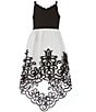 Color:Black - Image 1 - Big Girls 7-16 Sleeveless Scuba Crepe/Mesh-Skirted Embroidered-High-Low-Hem Dress