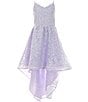 Color:Lavender - Image 1 - Big Girls 7-16 Sleeveless Sequin-Embellished Lace High-Low-Hem Ballgown