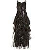Color:Black - Image 1 - Big Girls 7-16 Sleeveless Sequin-Embellished-Mesh/Foiled-Star-Print Walk-Through Skirted Long Dress