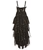 Color:Black - Image 2 - Big Girls 7-16 Sleeveless Sequin-Embellished-Mesh/Foiled-Star-Print Walk-Through Skirted Long Dress