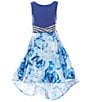 Color:Royal - Image 1 - Big Girls 7-16 Sleeveless Solid/Floral Embellished Waist High-Low Hem Fit & Flare Dress