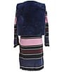 Color:Navy - Image 2 - Big Girls 7-16 Solid Faux Fur Vest & Long Sleeve Wide/Thin Striped Chunky Rib Knit Sheath Dress Set