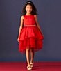 Color:Red - Image 3 - Little Girls 2T-6X Satin Tiered Hi-Low Hem Skirt Party Dress