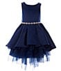 Color:Navy - Image 1 - Little Girls 2T-6X Satin Tiered Hi-Low Hem Skirt Party Dress