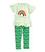 Color:Green - Image 1 - Little Girls 2T -6X Short Ruffle Sleeve Good Luck Charm Rib Knit Top & Printed Leggings 2-Piece Set
