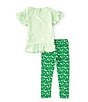 Color:Green - Image 2 - Little Girls 2T -6X Short Ruffle Sleeve Good Luck Charm Rib Knit Top & Printed Leggings 2-Piece Set