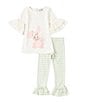 Color:Ivory - Image 2 - Little Girls 2T-6X 3/4 Sleeve Easter Bunny Applique Tunic Top & Striped Ruffle Leg Leggings Set