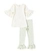 Color:Ivory - Image 3 - Little Girls 2T-6X 3/4 Sleeve Easter Bunny Applique Tunic Top & Striped Ruffle Leg Leggings Set