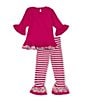 Color:Magenta - Image 2 - Little Girls 2T-6X 3/4-Sleeve Elephant Applique Tunic Top & Ruffle-Hem Striped Leggings Set