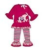 Color:Magenta - Image 3 - Little Girls 2T-6X 3/4-Sleeve Elephant Applique Tunic Top & Ruffle-Hem Striped Leggings Set