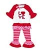 Color:Red - Image 3 - Little Girls 2T-6X 3/4-Sleeve Mixed-Media Love Tunic Top & Leggings Set