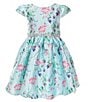Color:Mint - Image 1 - Little Girls 2T-6X Cap-Sleeve Floral-Printed Mikado Fit-And-Flare Dress