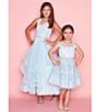 Color:Blue - Image 4 - Little Girls 2T-6X Cap Sleeve Illusion Yoke Foil Dot Mesh Embellished Waist Layered Skirt Fit & Flare Dress