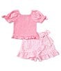 Color:Pink - Image 1 - Little Girls 2T-6X Eyelet-Embroidered-Puffed-Sleeve Knit Top & Gingham Seersucker Skort Set
