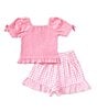 Color:Pink - Image 2 - Little Girls 2T-6X Eyelet-Embroidered-Puffed-Sleeve Knit Top & Gingham Seersucker Skort Set