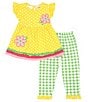 Color:Yellow - Image 3 - Little Girls 2T-6X Flutter Sleeve Dotted Knit Flower-Appliqued Dress & Checked Leggings Set