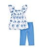 Color:Blue - Image 2 - Little Girls 2T-6X Flutter-Sleeve Embroidered Woven Shift Dress & Solid Leggings Set